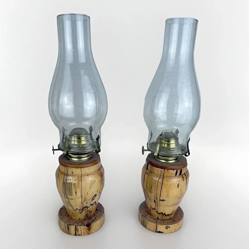 Vintage Wood Oil Lamp Lamps With Removeable Canister & Clear Glass Chimney 2